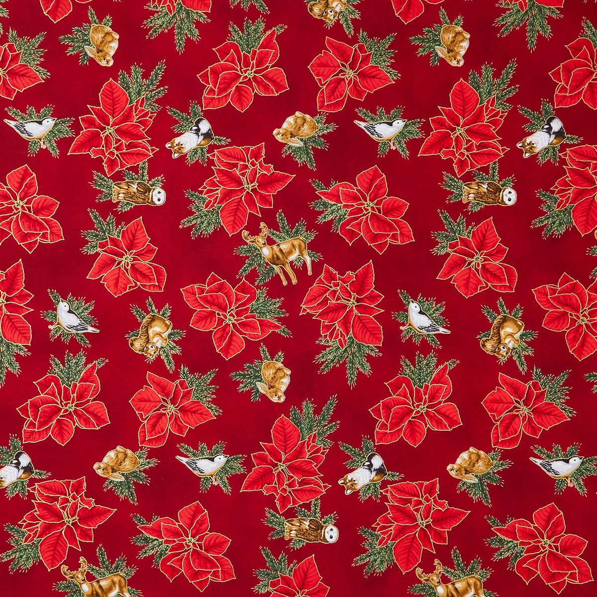 holiday-flourish-forest-glen-tossed-poinsettias-woodland-animals-cranberry-metallic-yardage