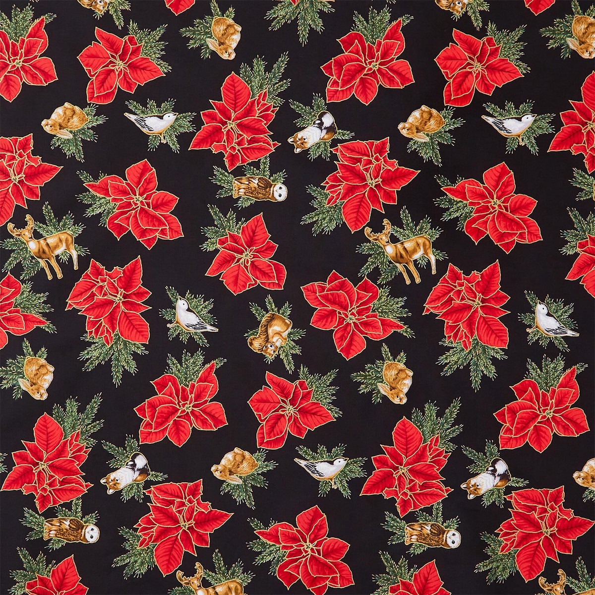 holiday-flourish-forest-glen-tossed-poinsettias-woodland-animals-black-metallic-yardage