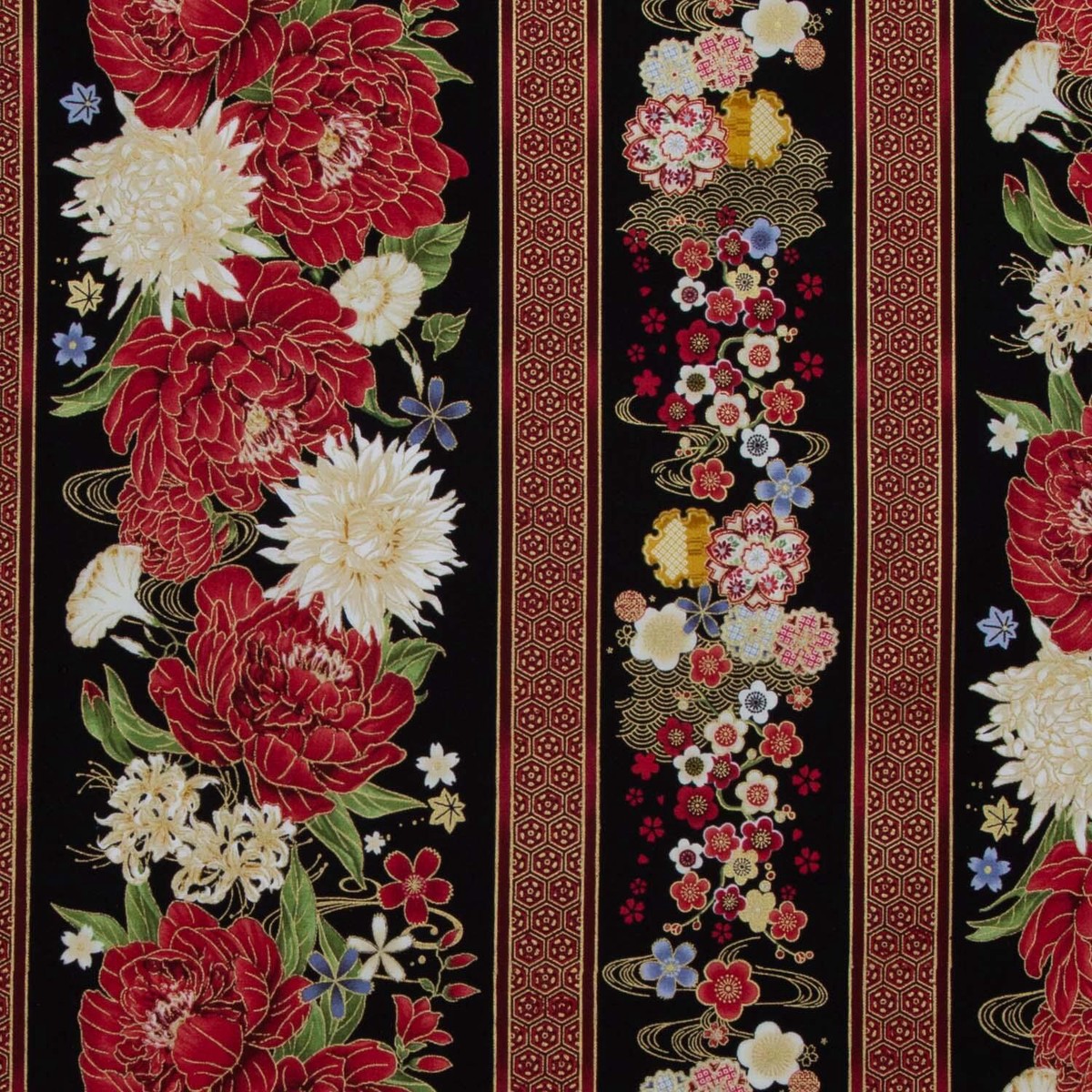 lotus-garden-floral-11-stripes-black-metallic-yardage
