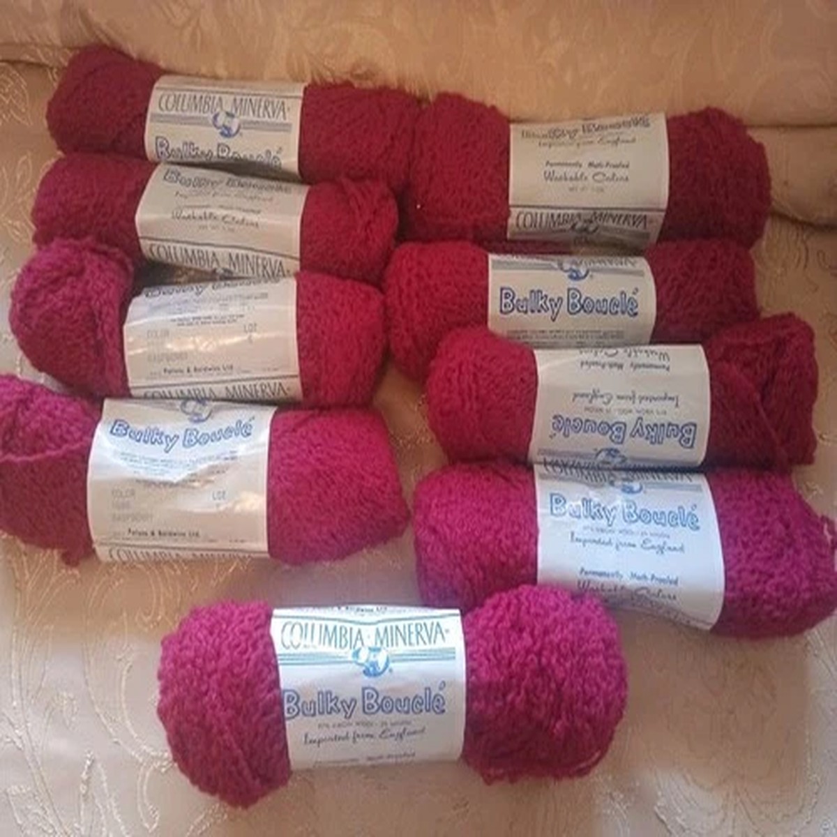 columbia-minerva-bulky-boucle-yarn-1586-raspberry-virgin-wool-nylon-lot-of-9