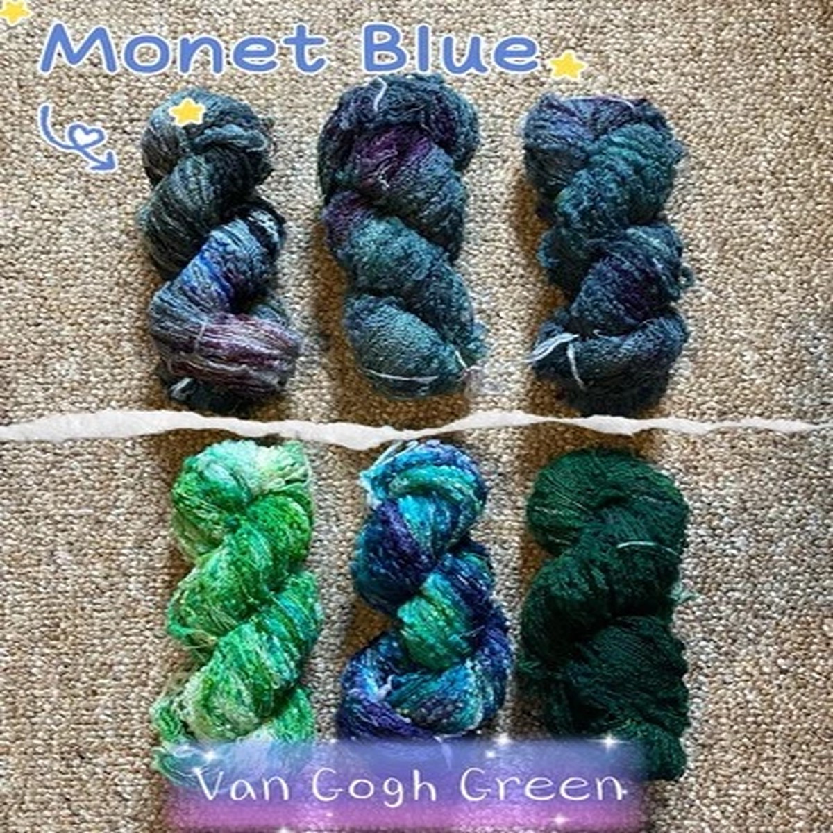 3-skeins-lot-hand-dyed-merino-slub-fingering-yarn-monet-blue-van-gogh-green-set