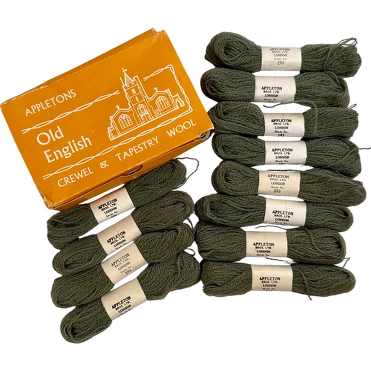 appletons-crewel-wool-lot-of-12-skeins-293-jacobean-green-embroidery-box-nos