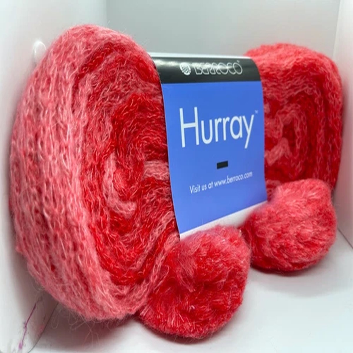 berroco-hurray-8606-blossom-red-mohair-blend-scarf-yarn-w-poms-no-knit-necessary