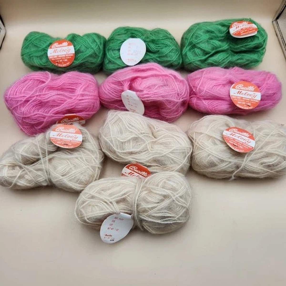 bucilla-melody-vtg-mohair-acrylic-brushed-yarn-1oz-skeins-lot-10-nos-green-pink