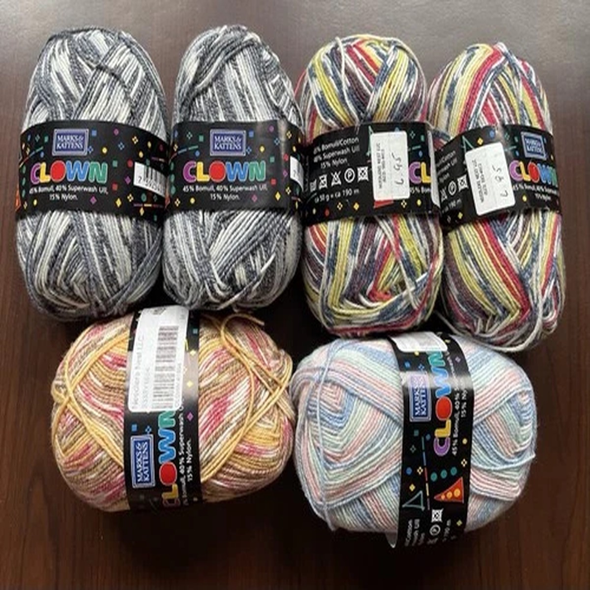 marks-kattens-clown-sock-yarn-45-cotton-40-wool-15-nylon-lot-of-6