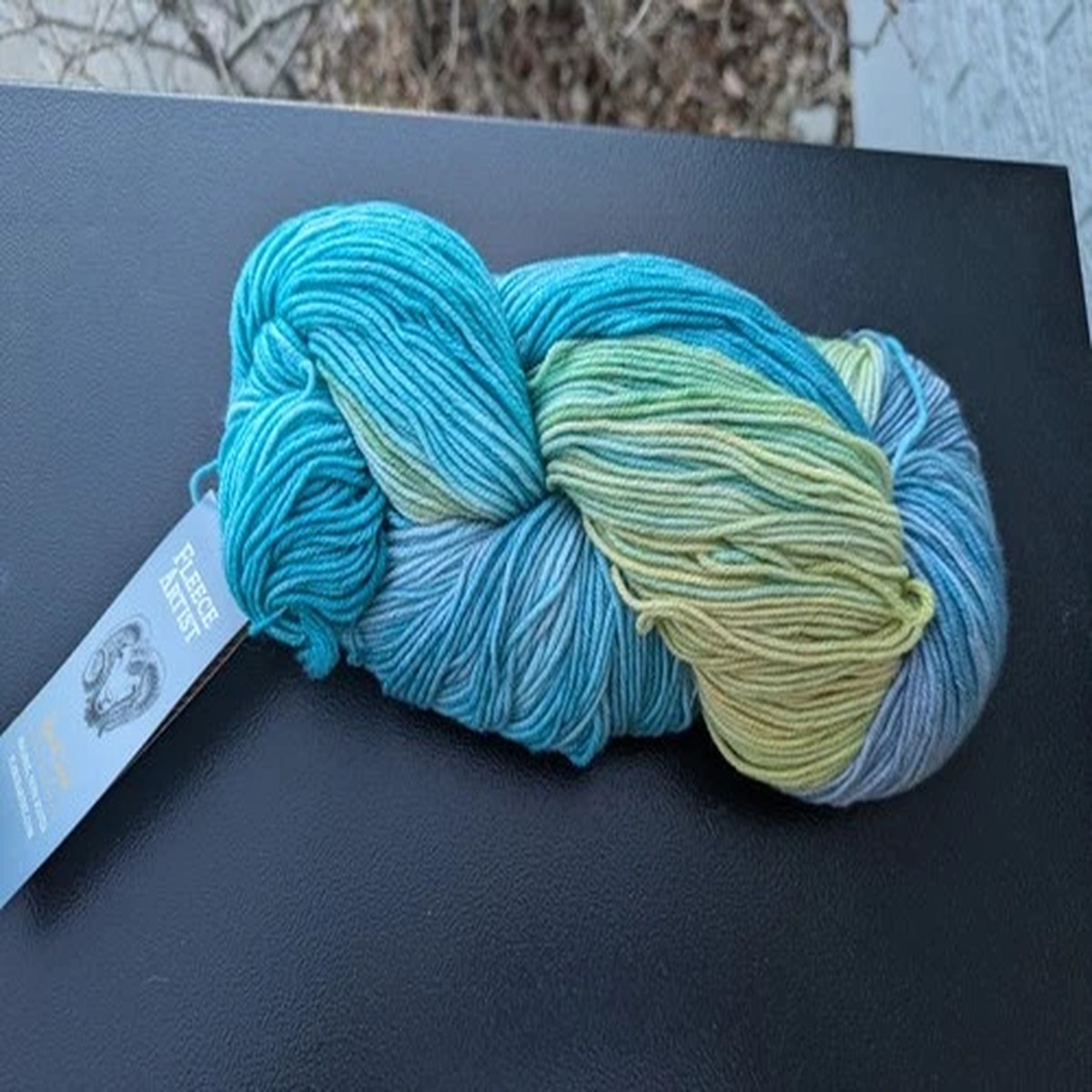 fleece-artist-hand-dyed-cottage-socks-yarn-teal-chartreuse-gray-superwash-merino