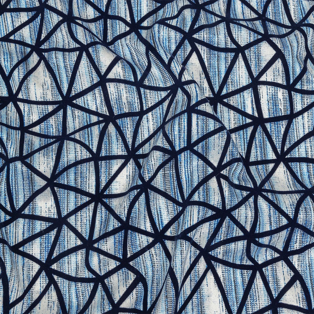 navy-flocked-geometric-web-on-blue-and-white-distressed-stripes-stretch-cotton-twill