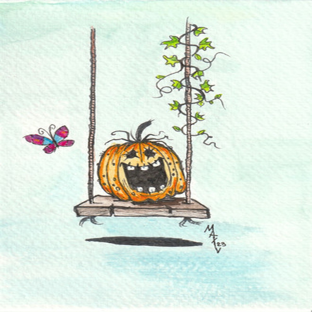 watercolor-painting-aquarelle-art-sketch-pumpkins-on-the-swing