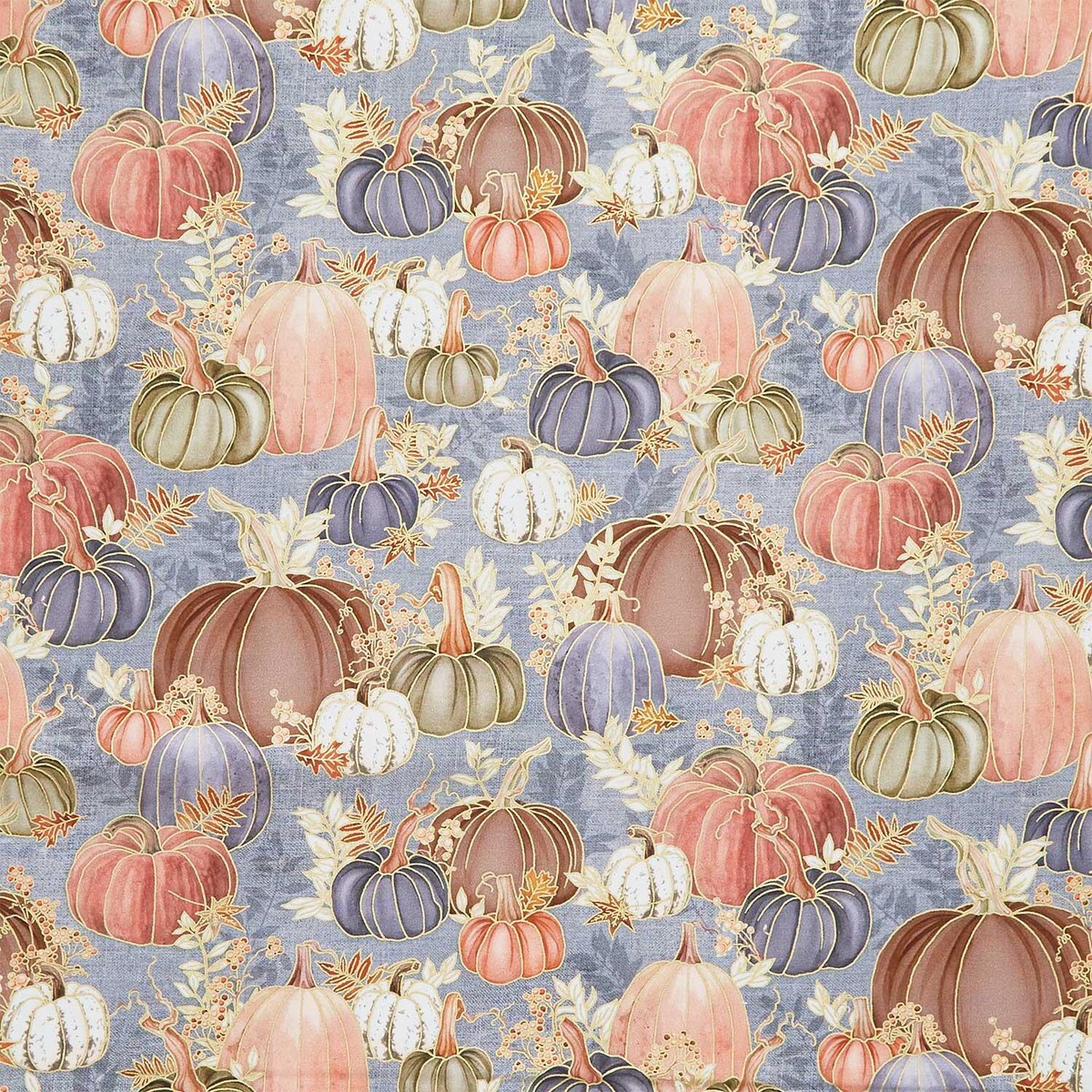 hello-fall-pumpkins-fall-leaves-dusty-blue-metallic-yardage