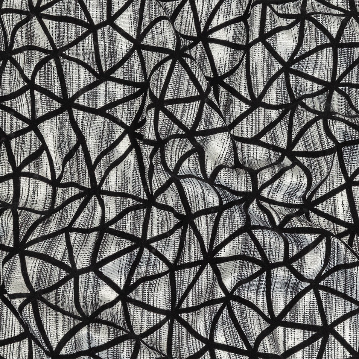 black-flocked-geometric-web-on-gray-and-white-distressed-stripes-stretch-cotton-twill