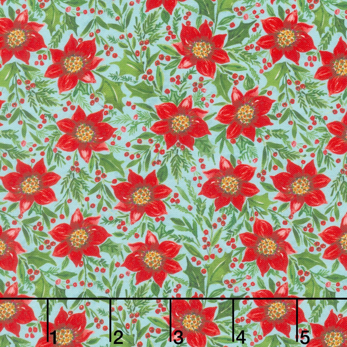snowy-greetings-poinsettia-and-holly-blue-yardage