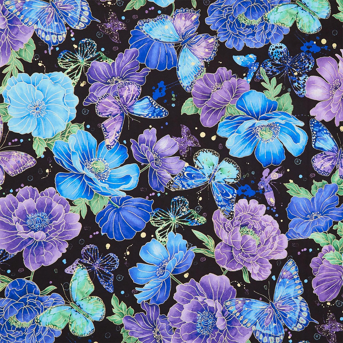 evening-glow-floral-butterflies-black-metallic-yardage